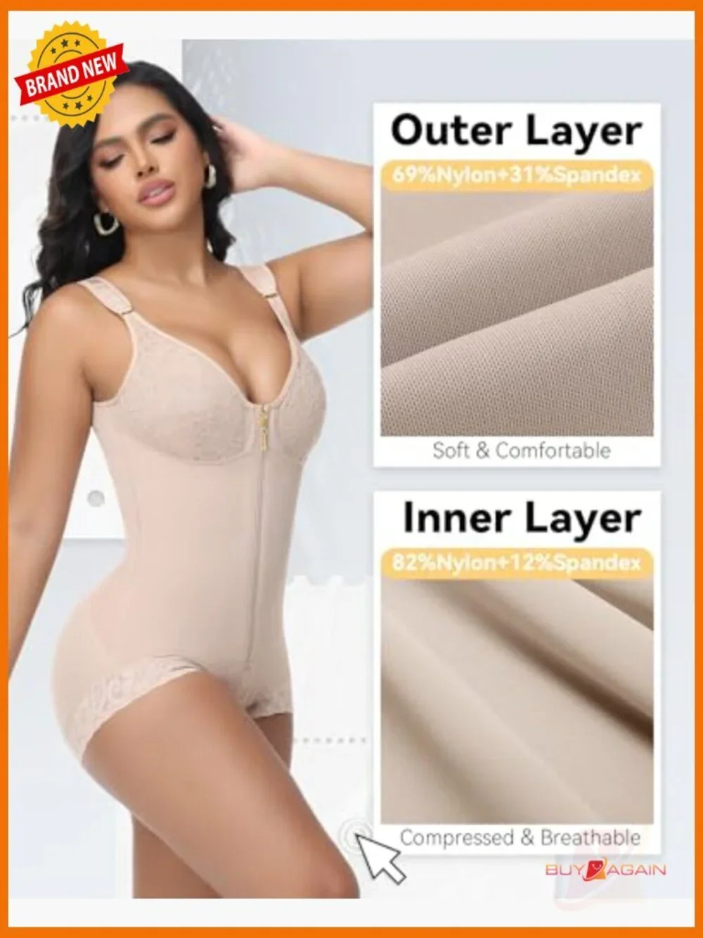High Compression Tummy Control Bodysuit Shapewear with Zipper